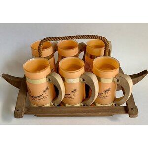 Siesta Ware Vintage Peach Glasses Set of 6 With Canoe Outrigger Carrier Wooden T